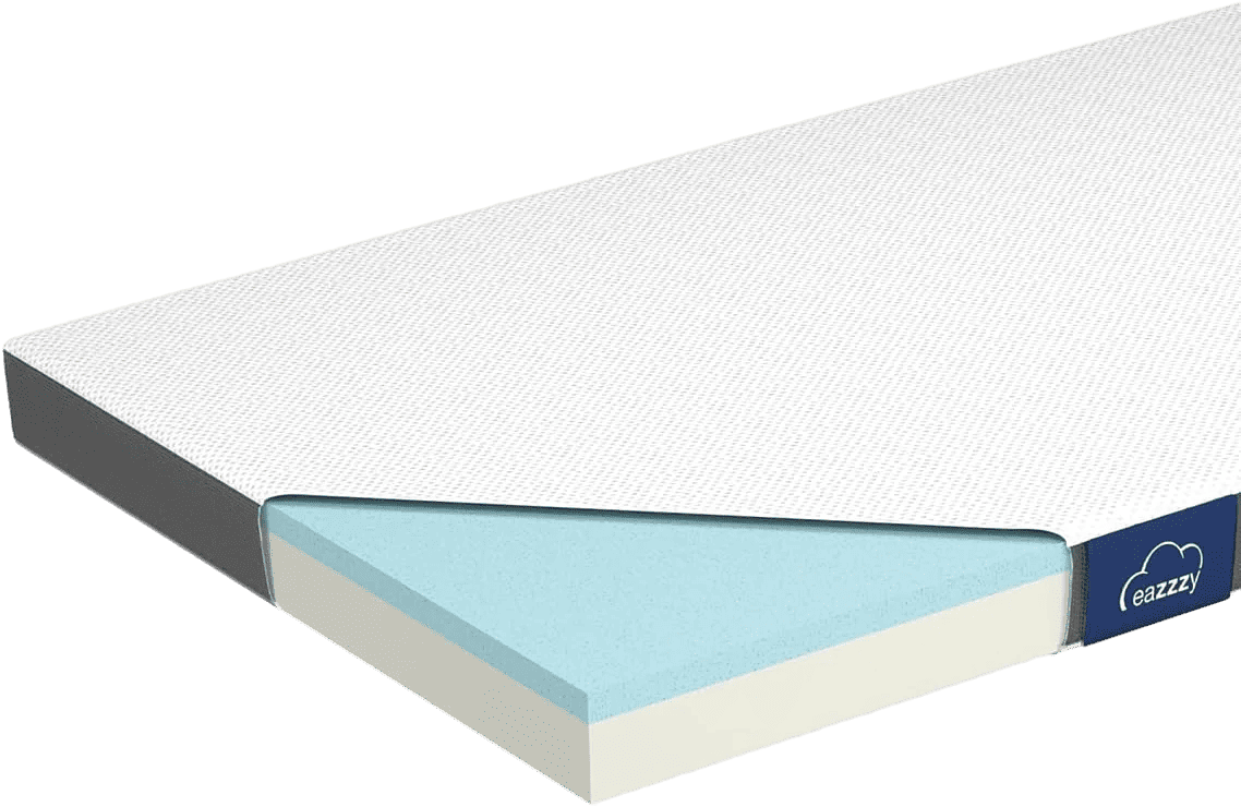 Eine Matratze, bei der eine Ecke weggeschnitten wurde, um die inneren Schichten zu zeigen, darunter eine blaue Schaumstoffschicht auf einer weißen Schaumstoffschicht und ein Stoffbezug.